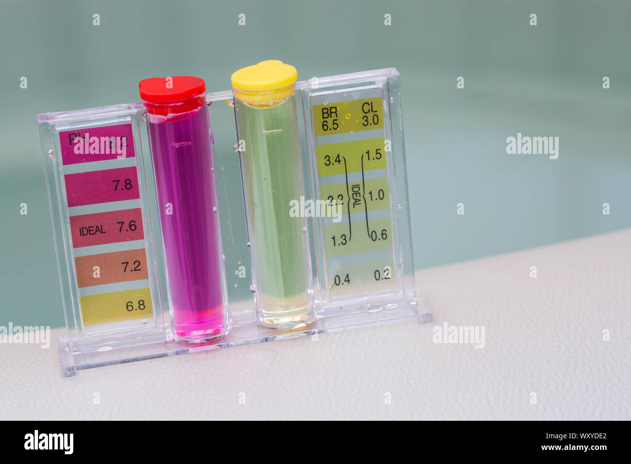 Jacuzzi spa pool maintenance test, Ph chlorine and bromide levels Stock
