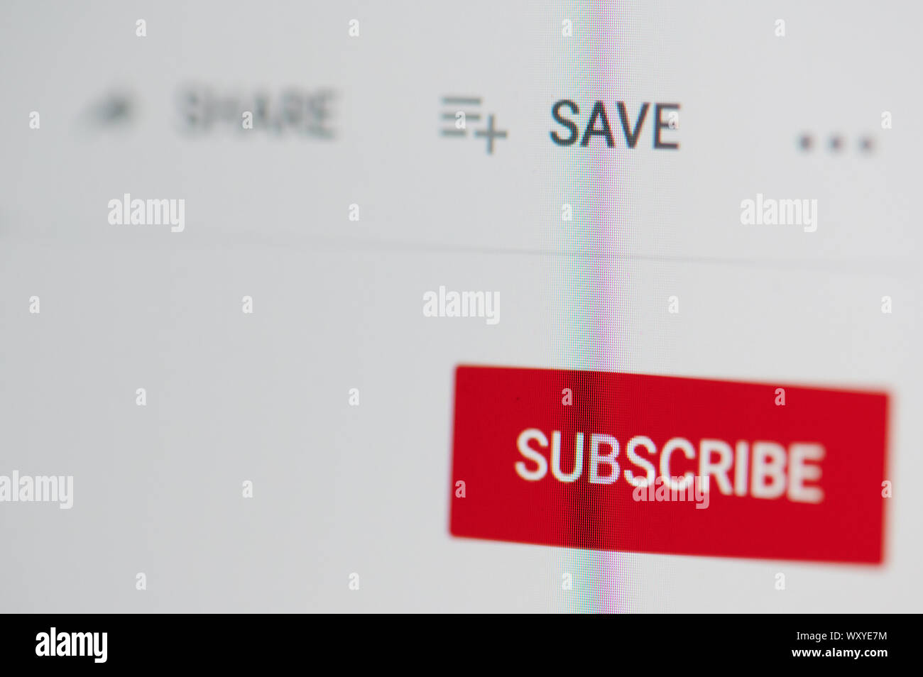 New york, USA - september 18, 2019: Subscribe button on youtube channel on laptop screen close up view Stock Photo
