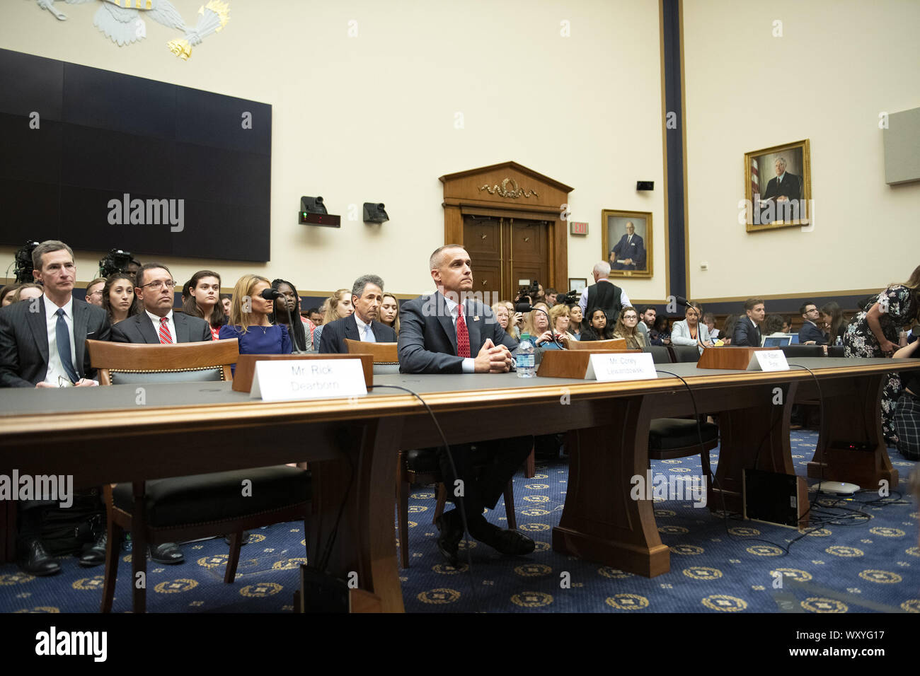 September 17, 2019, Washington, District of Columbia, USA: Former Trump campaign manager Corey Lewandowski, center, waits to give testimony before the United States House Committee on the Judiciary conducts a hearing titled ''Presidential Obstruction of Justice and Abuse of Power'' on Capitol Hill in Washington, DC on Tuesday, September 17, 2019. The empty chair at left is reserved for Rick Dearborn, who refused to appear and the empty chair at right is reserved for Robert Porter, who also refused to appear. Credit: Ron Sachs/CNP.(RESTRICTION: NO New York or New Jersey Newspapers or newspa Stock Photo