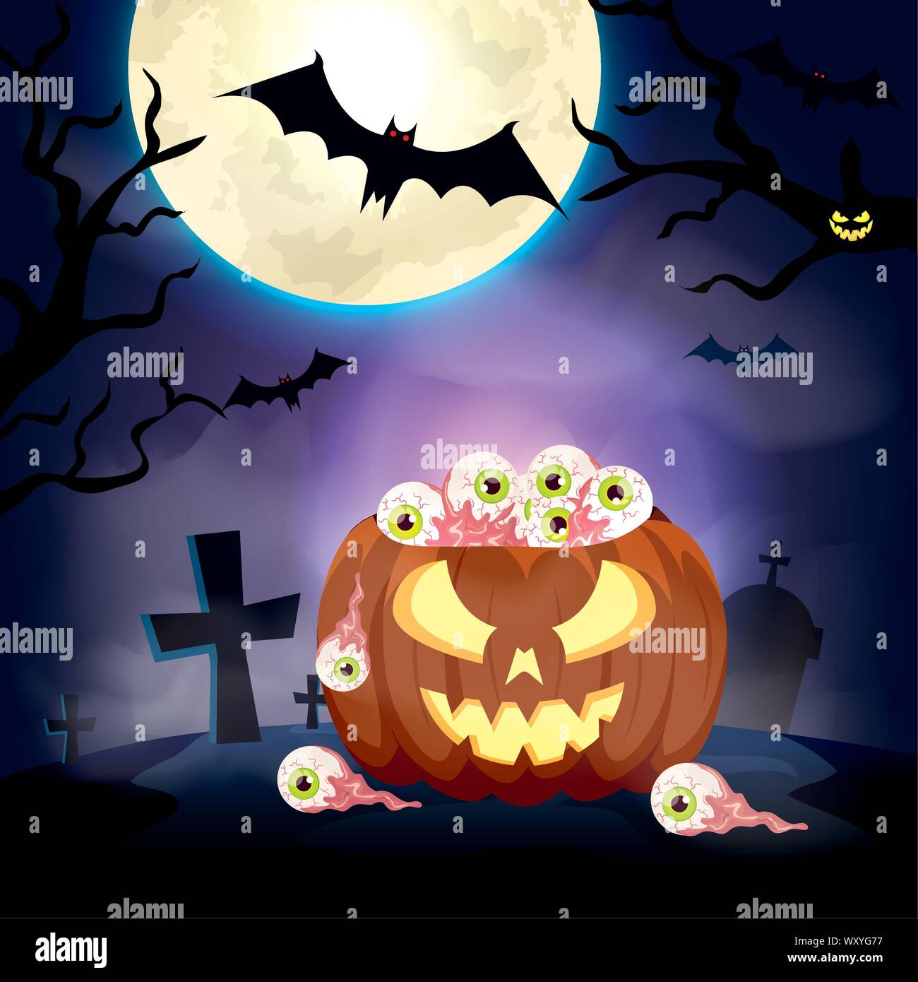 pumpkin with eyes scary in the dark night halloween scene Stock Vector ...