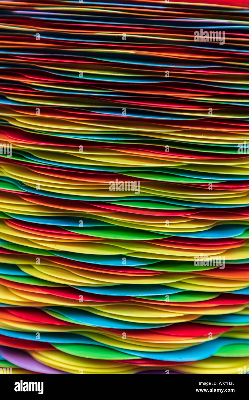 USA, Washington State, Vancouver. Colorful stack of cups at a farmers market. Stock Photo