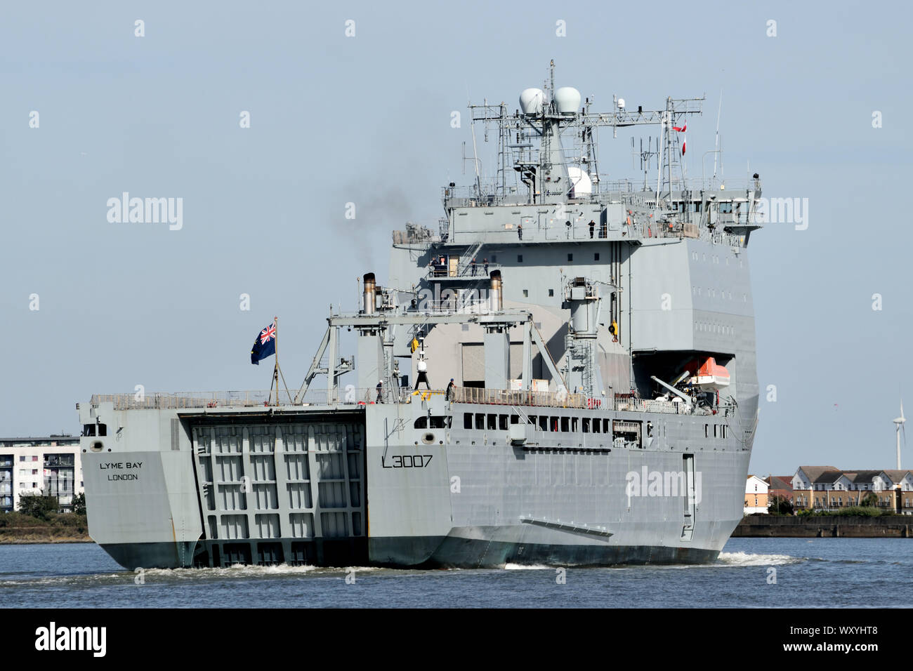 Royal Fleet Auxiliary ship RFA Lyme Bay heading down the River Thames after a visit to London for Internal Shipping Week 2019 Stock Photo