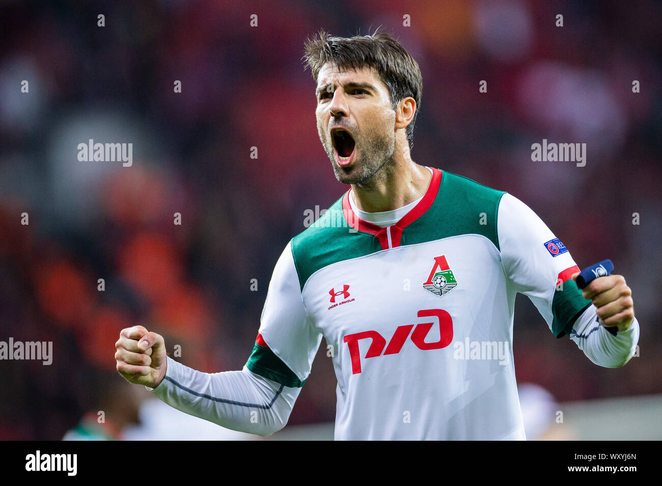 Leverkusen, Germany. 18th Sep, 2019. Soccer: Champions League, Bayer Leverkusen - locomotive Moscow, group stage, group D, 1st matchday in the BayArena. Moscow's Vedran Corluka is happy after the game. Credit: Rolf Vennenbernd/dpa/Alamy Live News Stock Photo