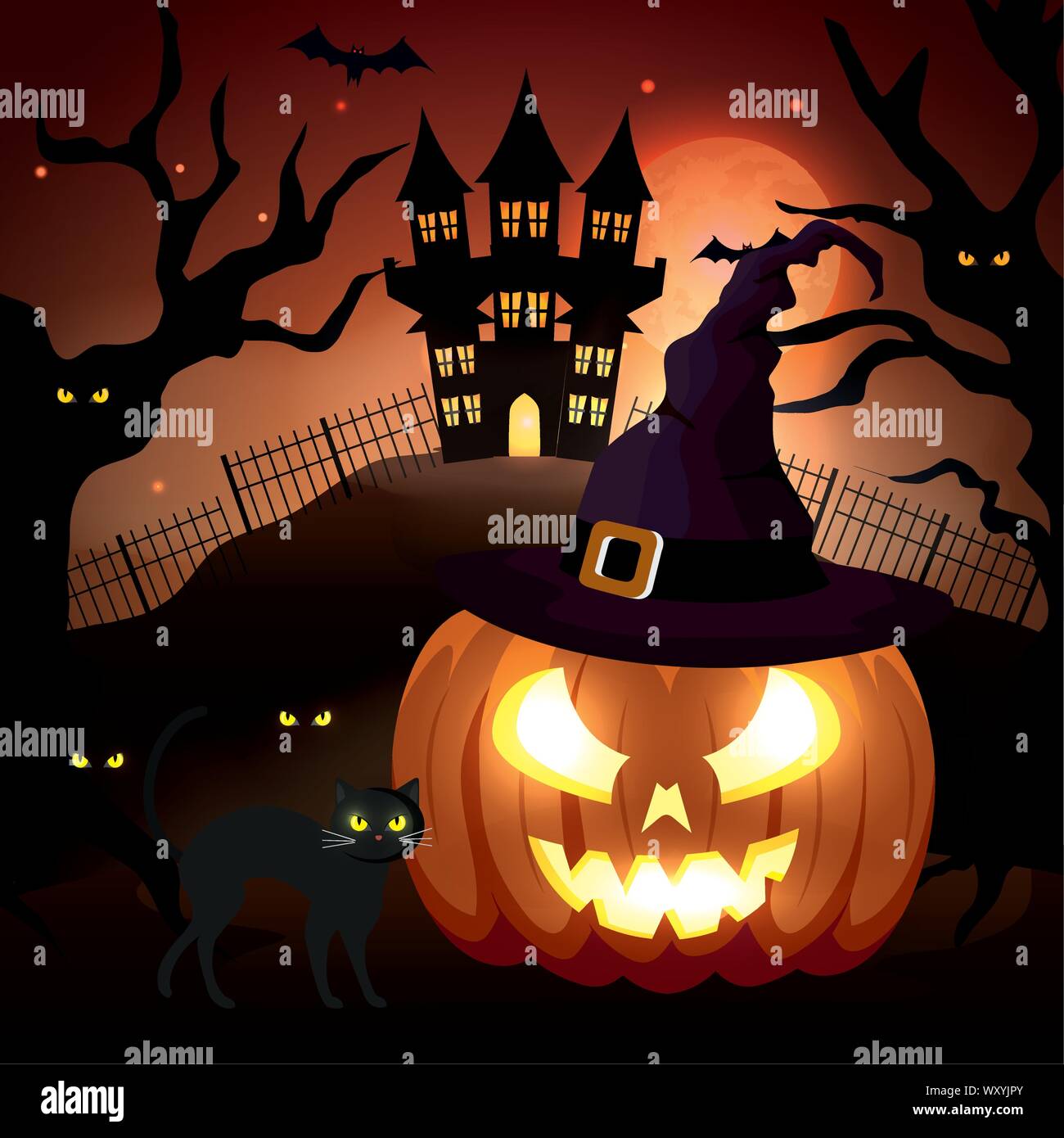 pumpkin with castle in scene of halloween Stock Vector Image & Art - Alamy
