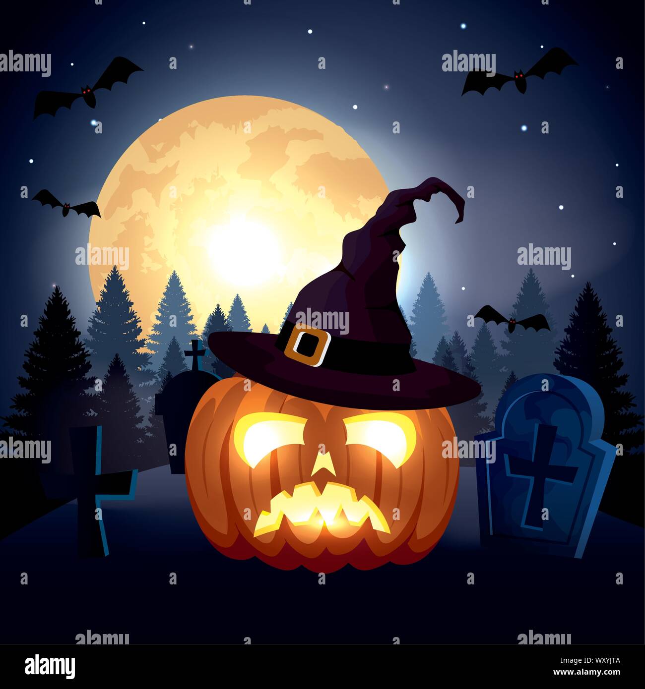 pumpkin with hat witch in scene halloween Stock Vector Image & Art - Alamy