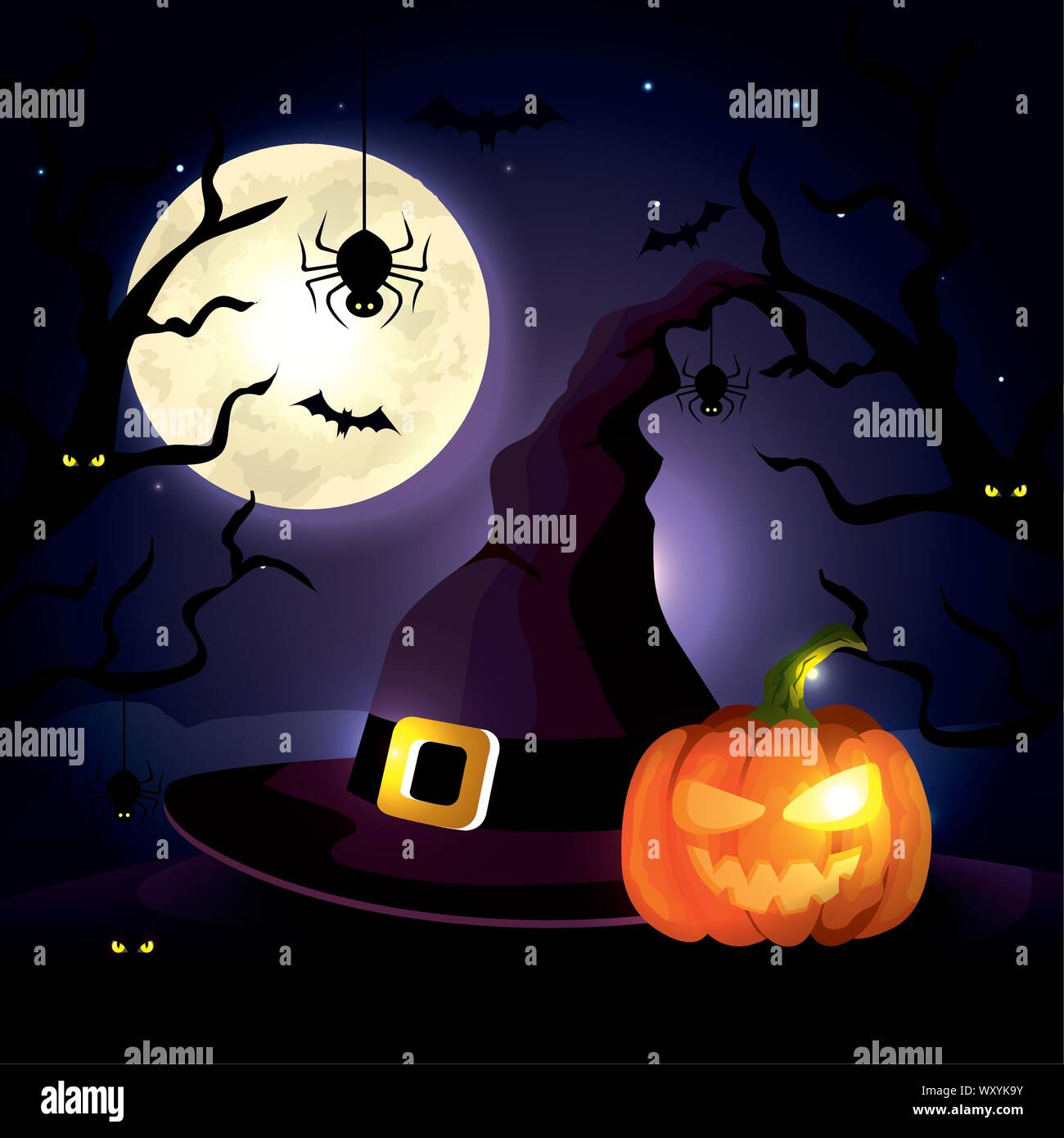 pumpkin with hat witch in scene halloween Stock Vector Image & Art - Alamy