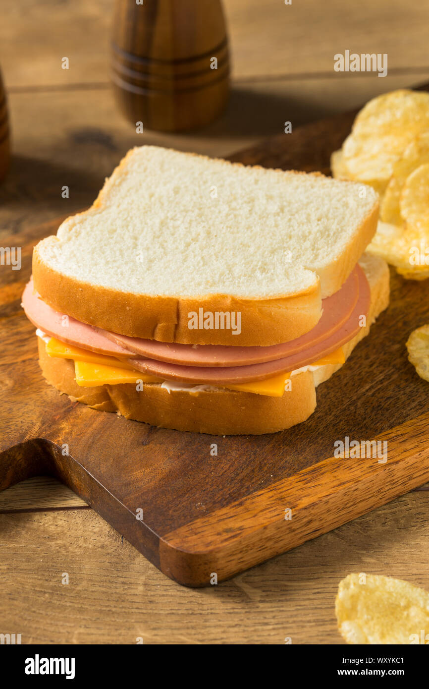 Homemade Bologna and Cheese Sandwich with Chips Stock Photo Alamy