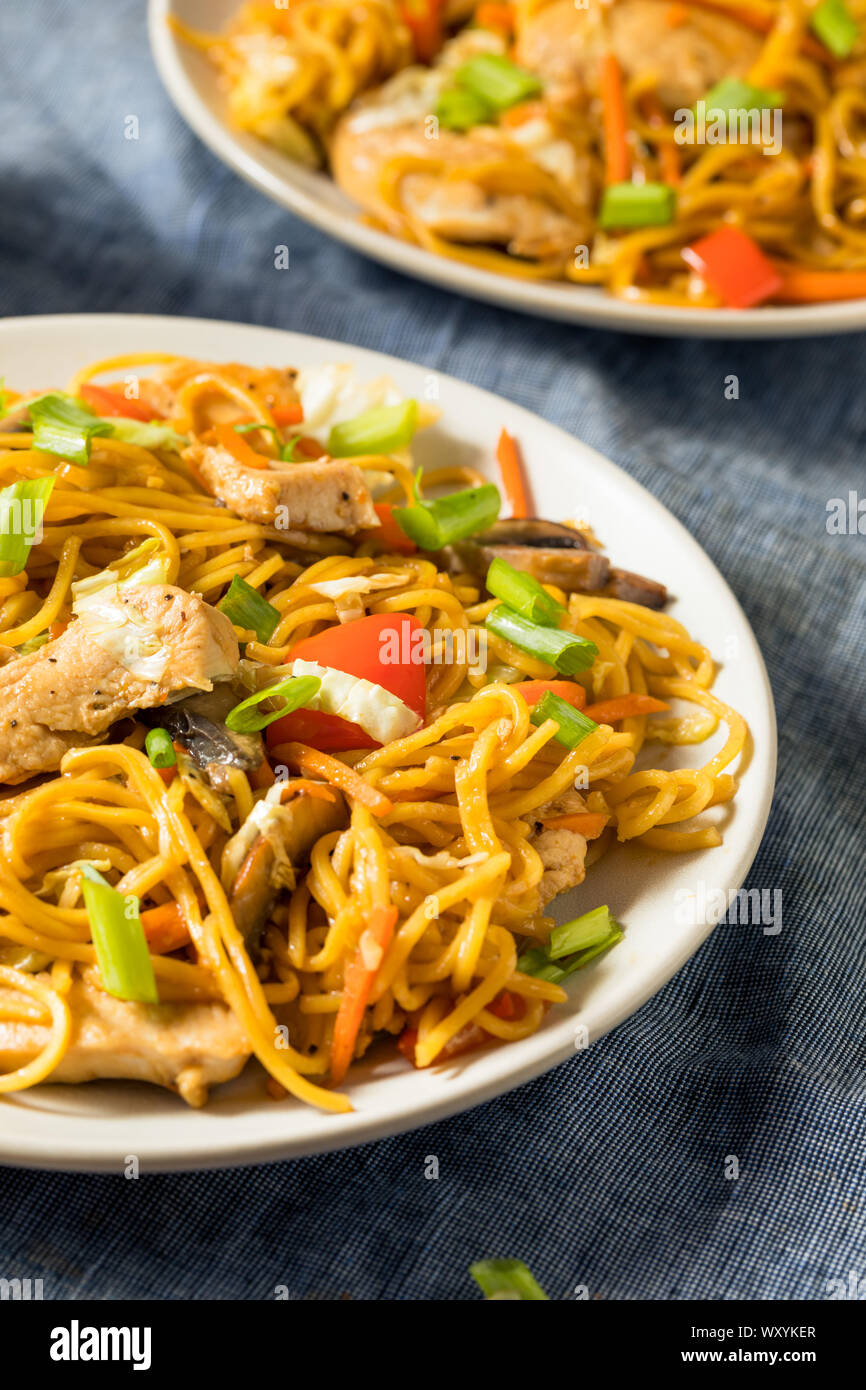 Homemade Japanese Chicken Yakisoba Noodles with Vegetables Stock Photo