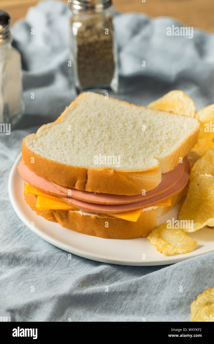 Homemade Bologna and Cheese Sandwich with Chips Stock Photo Alamy