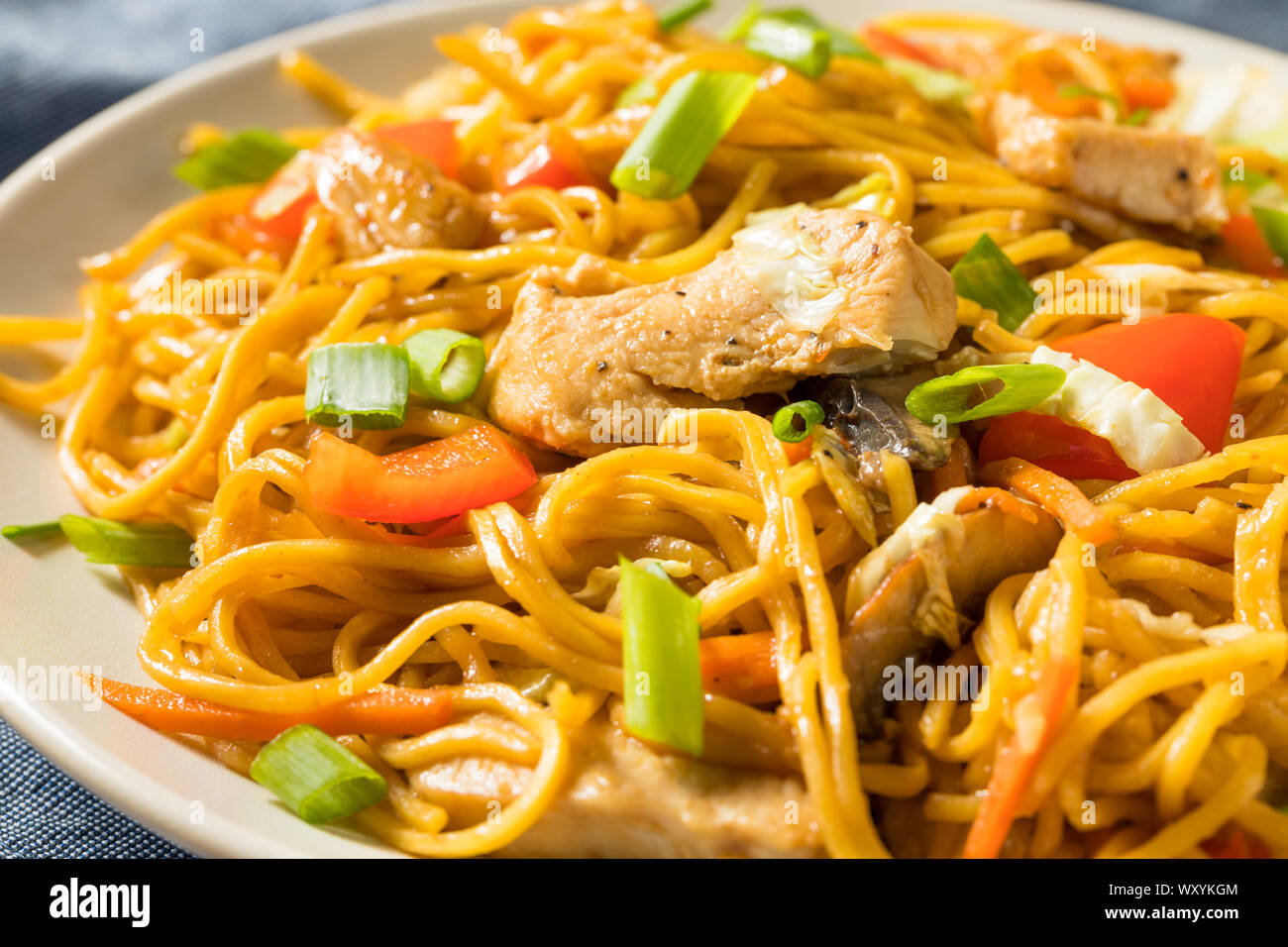 Homemade Japanese Chicken Yakisoba Noodles with Vegetables Stock Photo