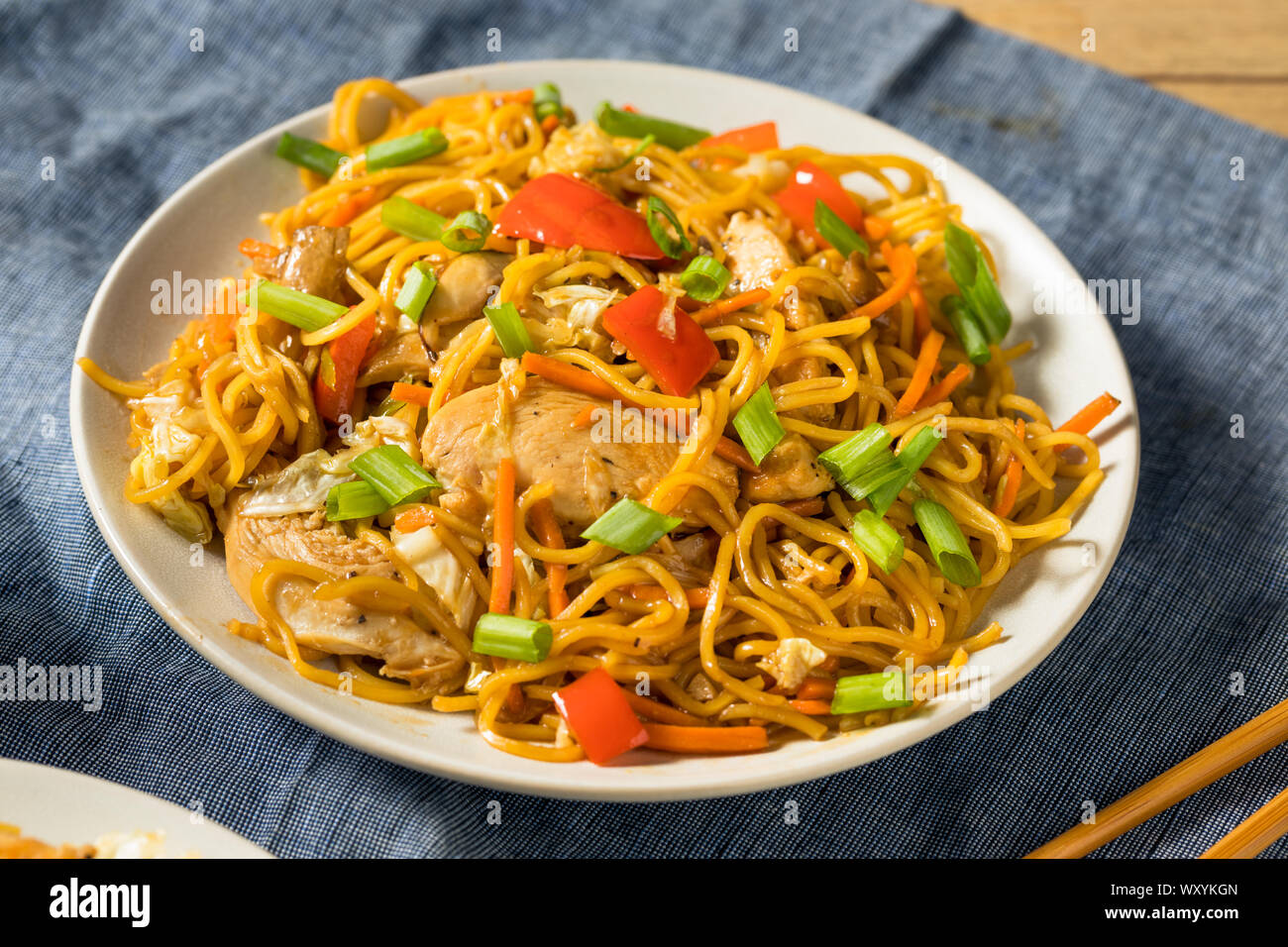 Homemade Japanese Chicken Yakisoba Noodles with Vegetables Stock Photo
