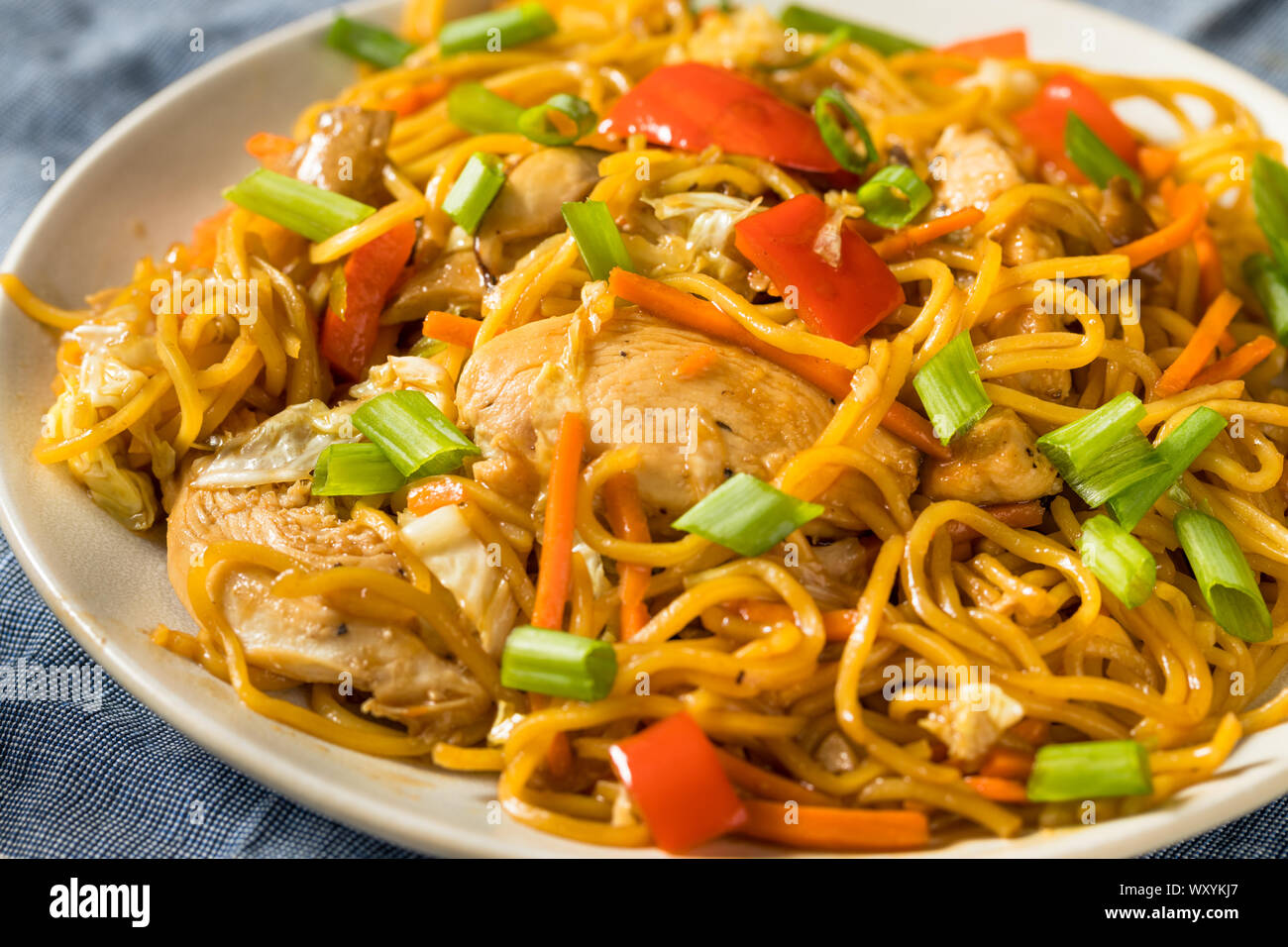 Homemade Japanese Chicken Yakisoba Noodles with Vegetables Stock Photo