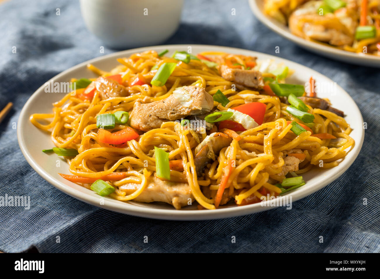 Homemade Japanese Chicken Yakisoba Noodles with Vegetables Stock Photo
