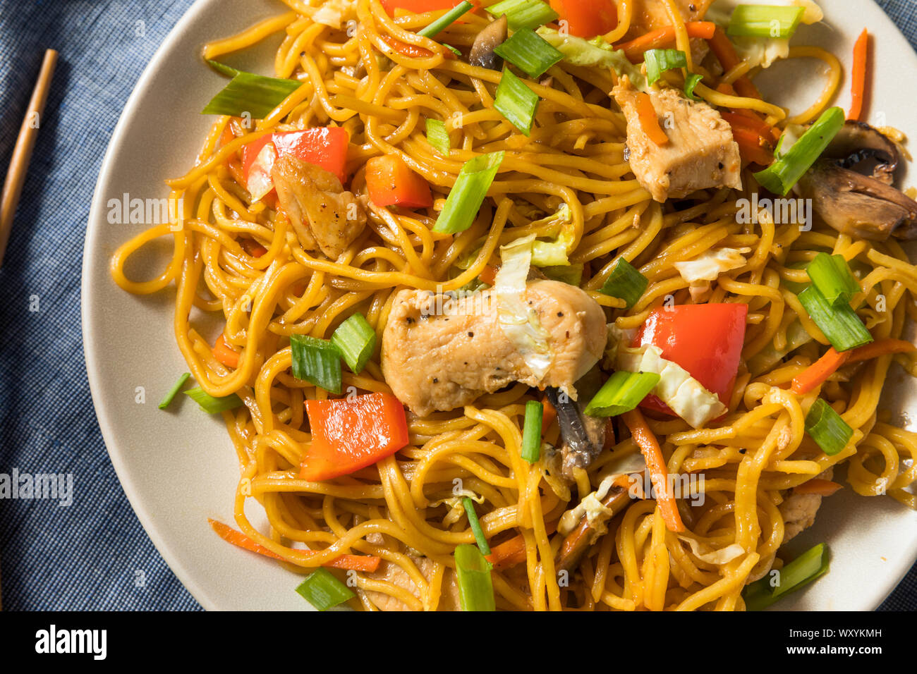 Homemade Japanese Chicken Yakisoba Noodles with Vegetables Stock Photo