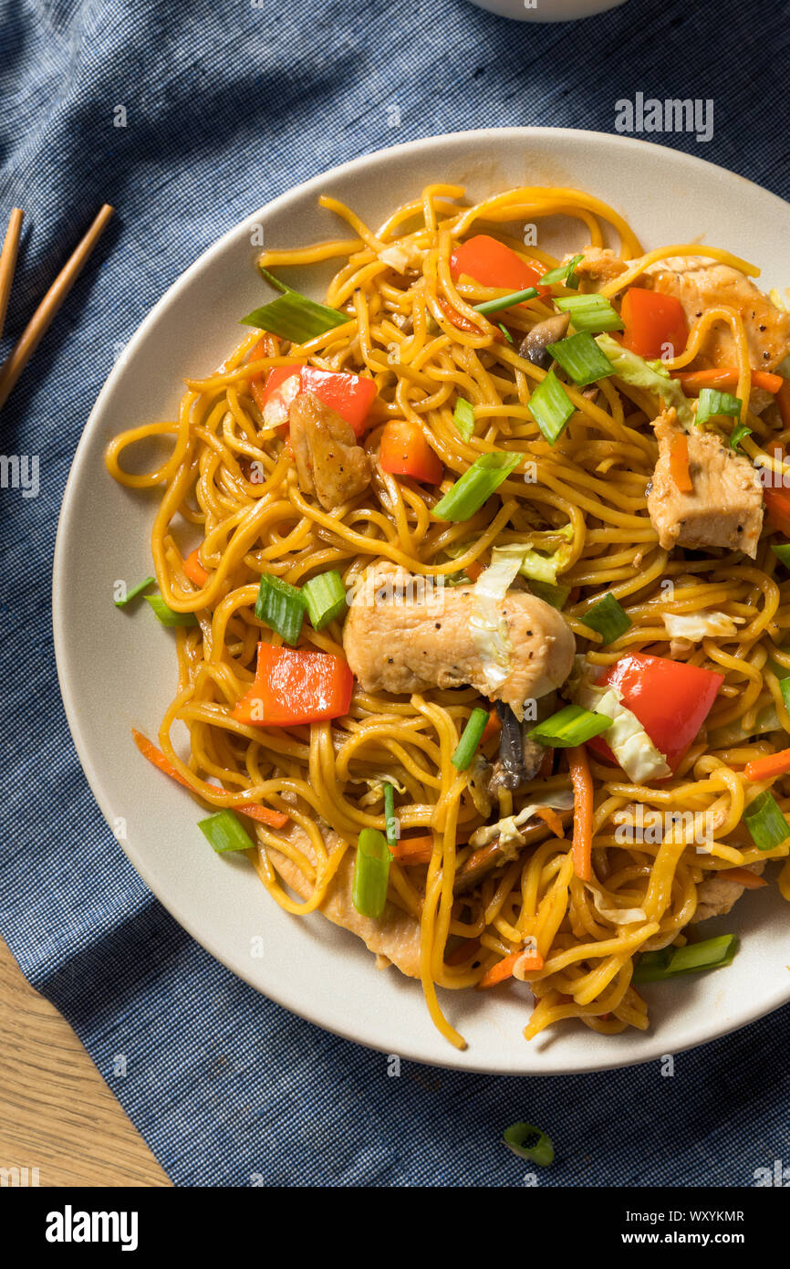 Homemade Japanese Chicken Yakisoba Noodles with Vegetables Stock Photo