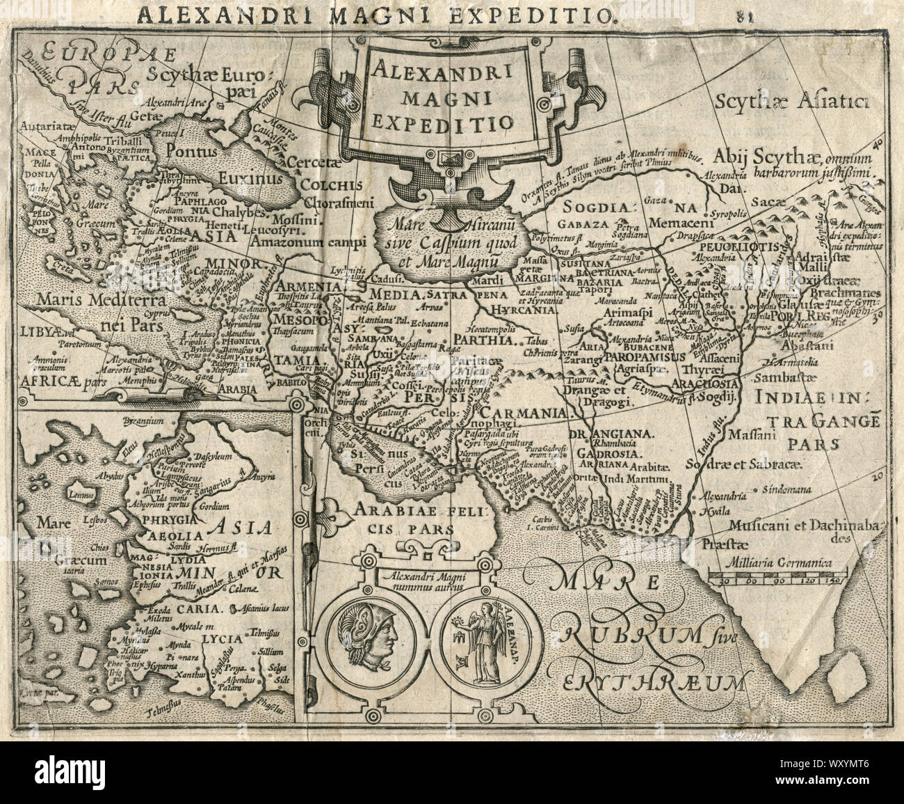 Alexandri Magni Expeditio., Map of Alexander the Great's Expedition, by Jodocus Hondius the Elder, 1625 Stock Photo