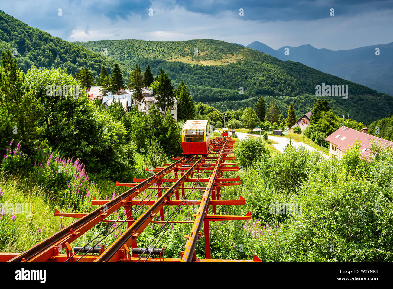 Brezovica, Kosovo - July 28, 2019. Ski resort in summer - old funicular Stock Photo