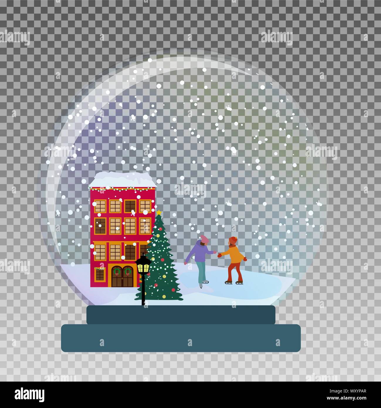 Snow glass globe with children skate  in winter for Christmas and New Year gift.Vector Illustration Stock Vector