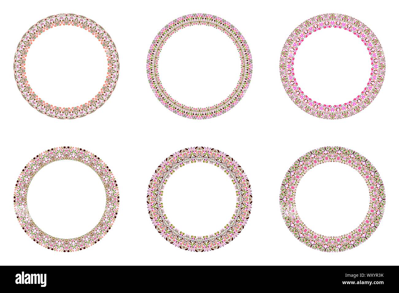 Geometrical floral round border set - abstract circular vector elements on background Stock Vector
