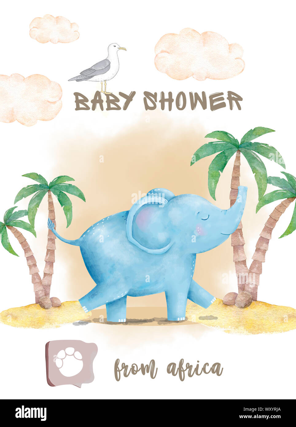 Elephant baby cute print. Sweet animal in island with palm on