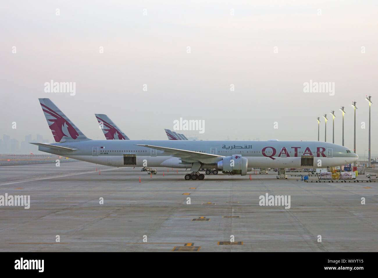 DOHA, QATAR -17 JUN 2019- View of airplanes from Qatar Airways (QR) at ...
