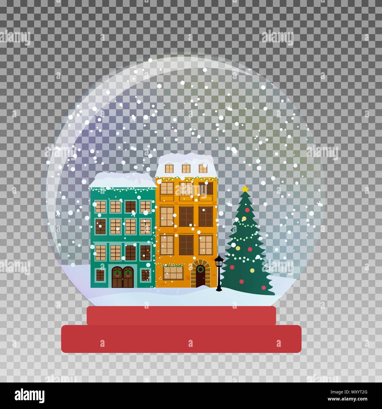 Snow glass globe with little town in winter for Christmas and New Year gift.Vector Illustration Stock Vector