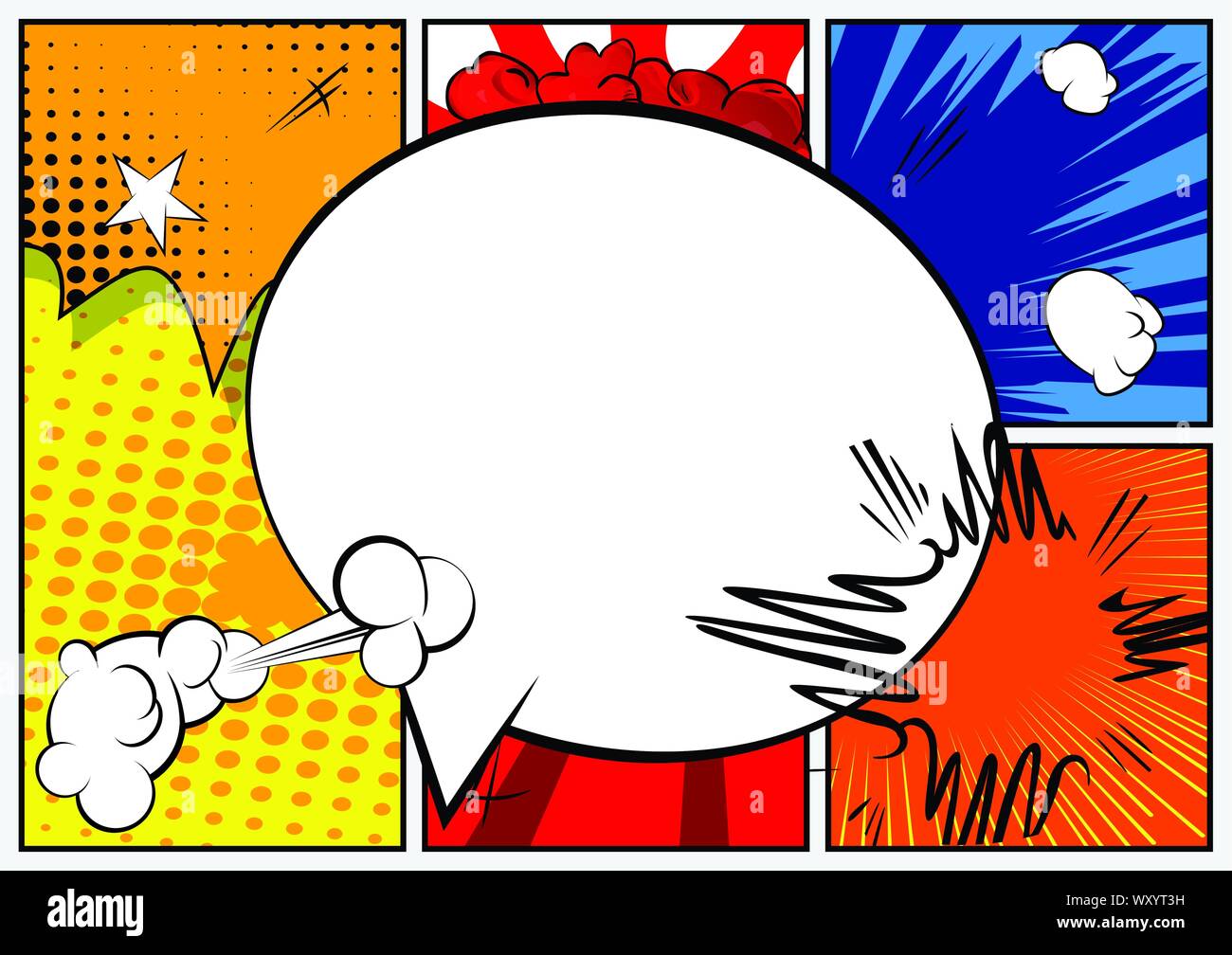 Comic book background with big blank speech bubble on colorful page. Stock Vector