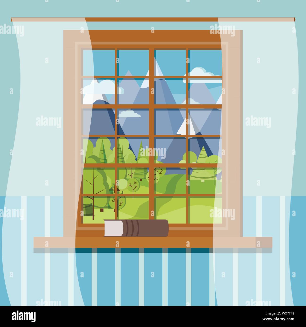 Wooden room window frame with book and tulle in cartoon flat style. . Stock Vector
