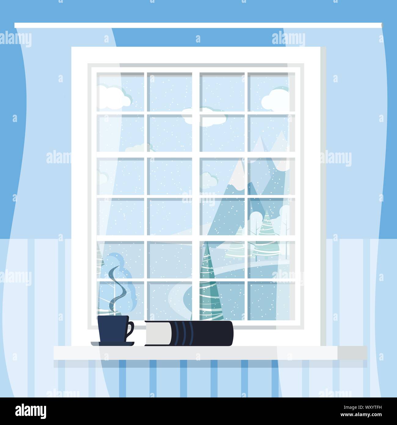 White room plastic window frame with cup and book on the windowsill in flat cartoon style. Stock Vector