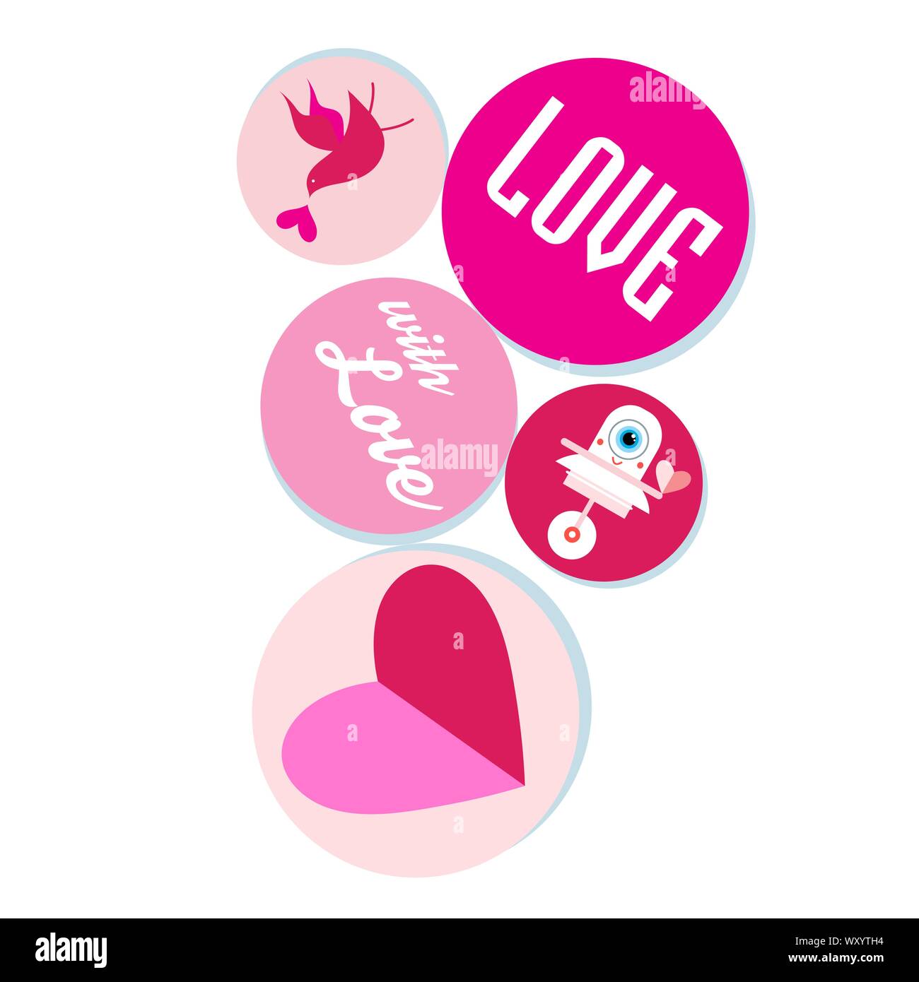 Bright greeting card with loving elements and the word love in circles ...