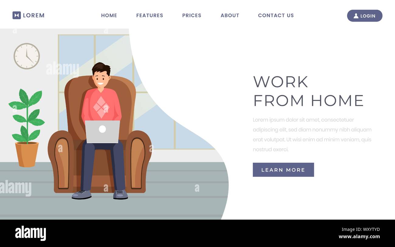 Freelance outsource job landing page template. Working from home, remote, distance job vacancy website homepage design layout. Male designer, programmer working online with laptop on armchair Stock Vector