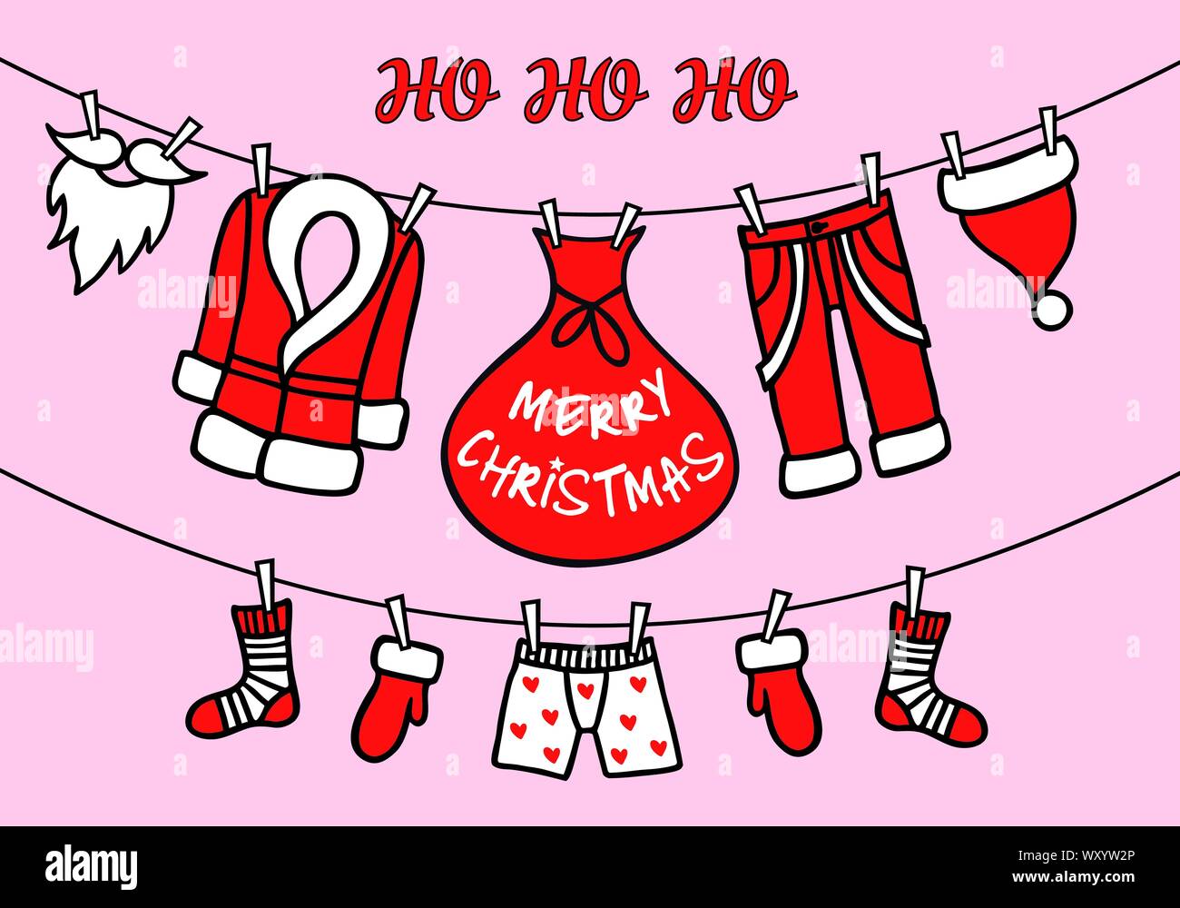 Pink Christmas card with Santa Claus clothes hanging on clothesline, vector graphic design elements Stock Vector