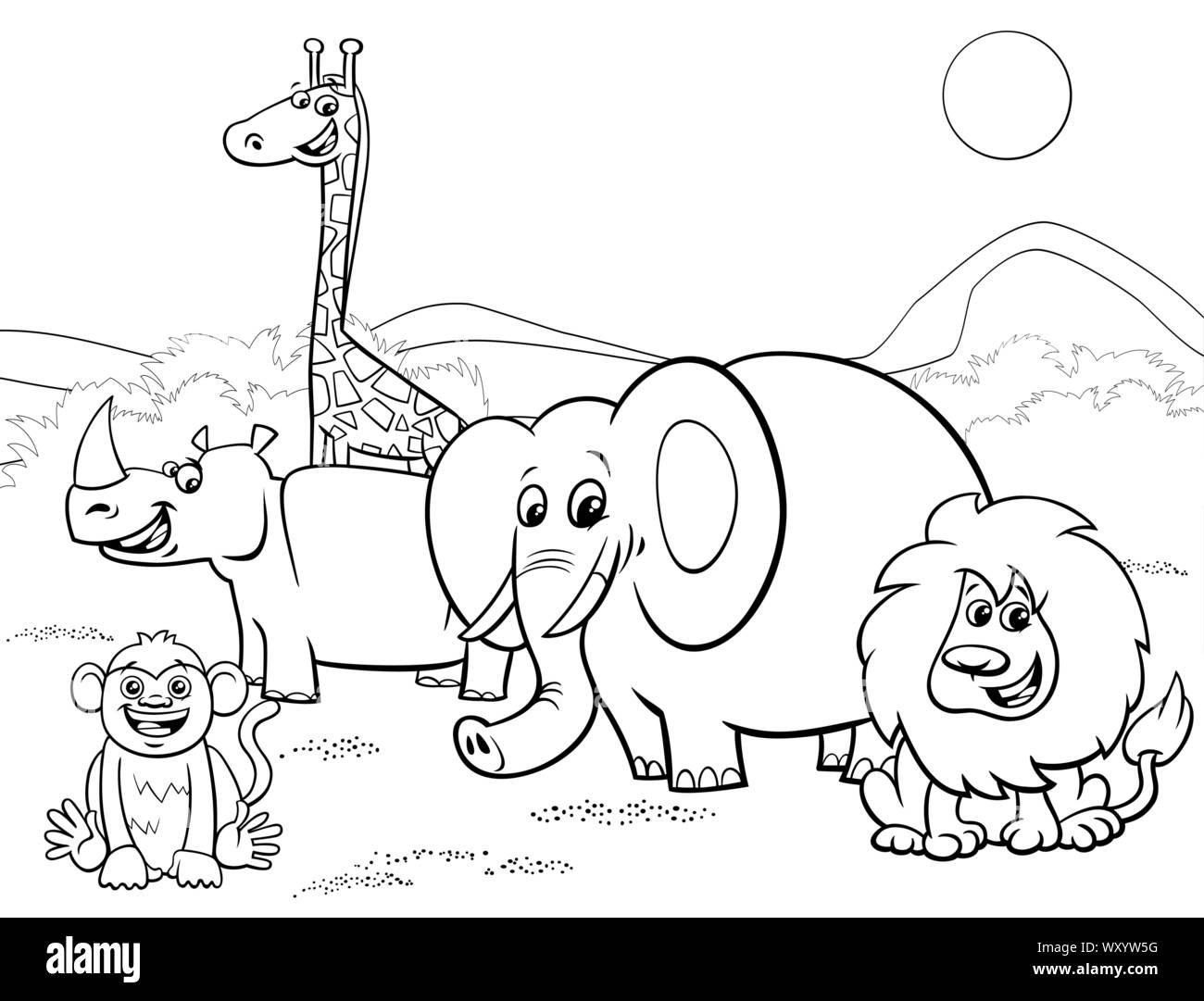 Black and White Cartoon Illustration of Wild Safari Animals Comic Characters Group Coloring Book Page Stock Vector