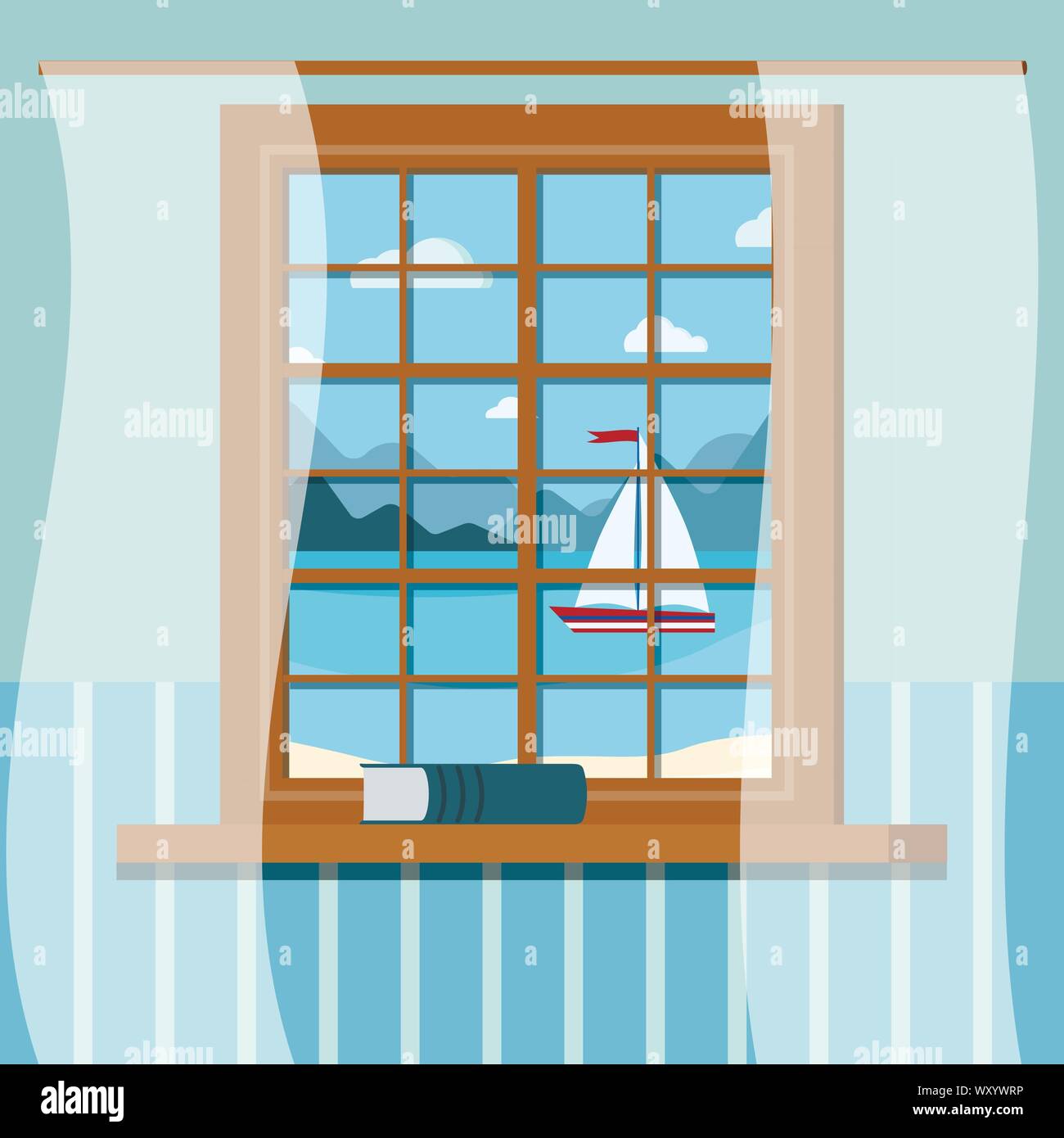 Wooden room window frame with book and curtains in cartoon flat style. Stock Vector