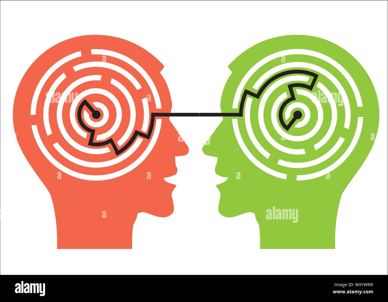 Labyrinth in the heads. Two male head silhouettes with maze. Psychology and  dialog concept.Isolated on white background. Vector available. Stock Vector