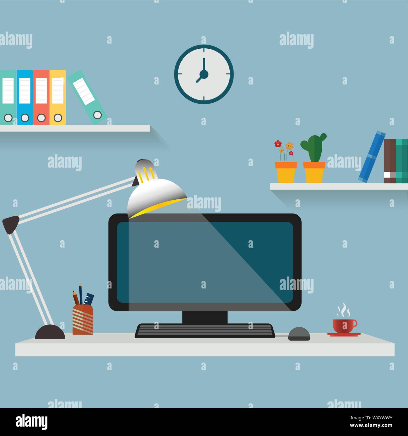 Illustration of a home-office with a computer screen and keyboard on a white painted shelf with anglepoise lamp and two other shelves with colored fol Stock Vector