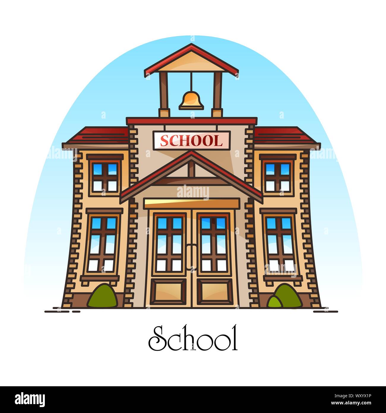 Facade of school building with bell or college Stock Vector