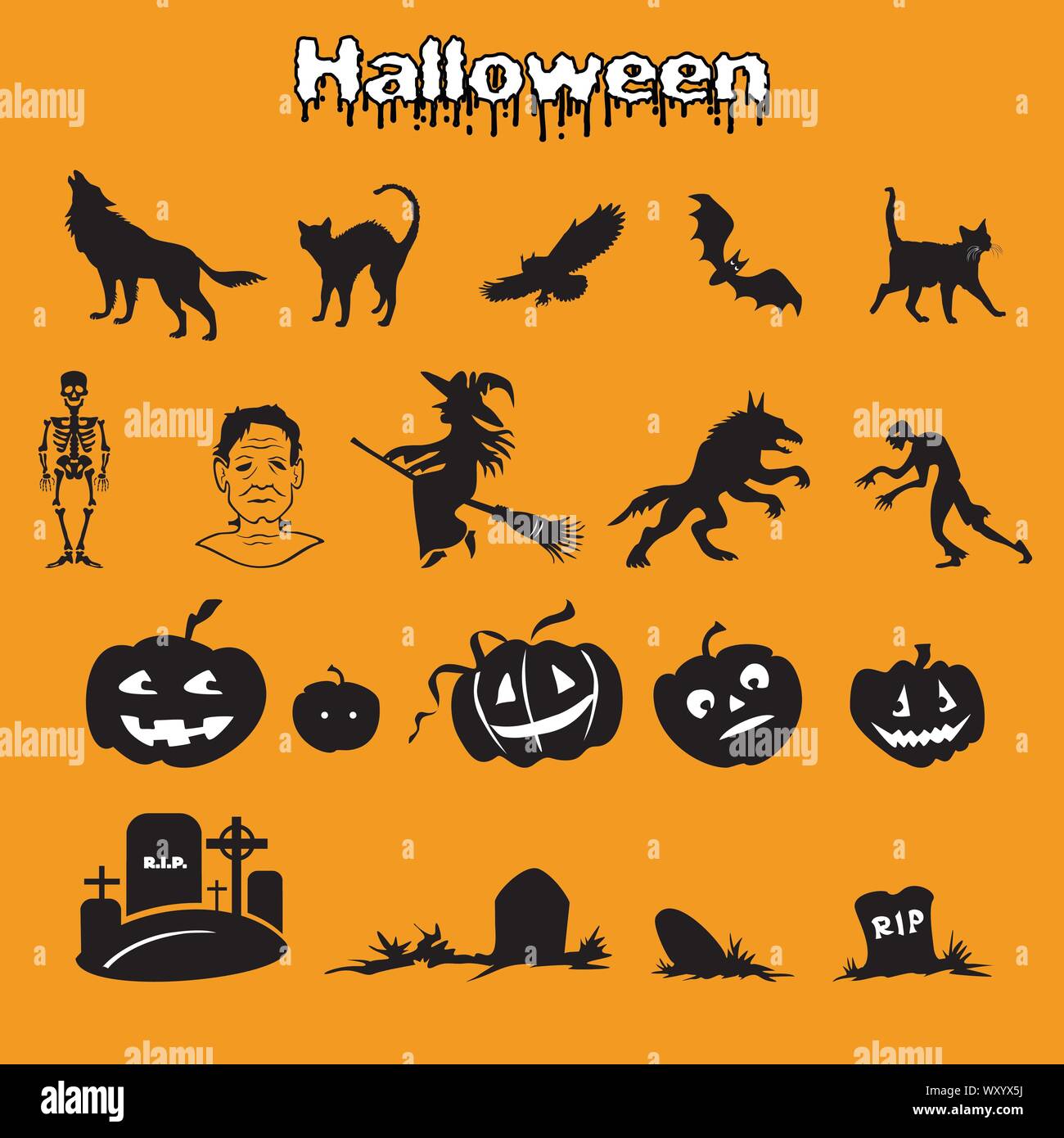 Vector set of different Halloween icons silhouette in black color (skeleton, Frankenstein, witch, zombie, werewolf, pumpkins and graves ) on orange ba Stock Vector