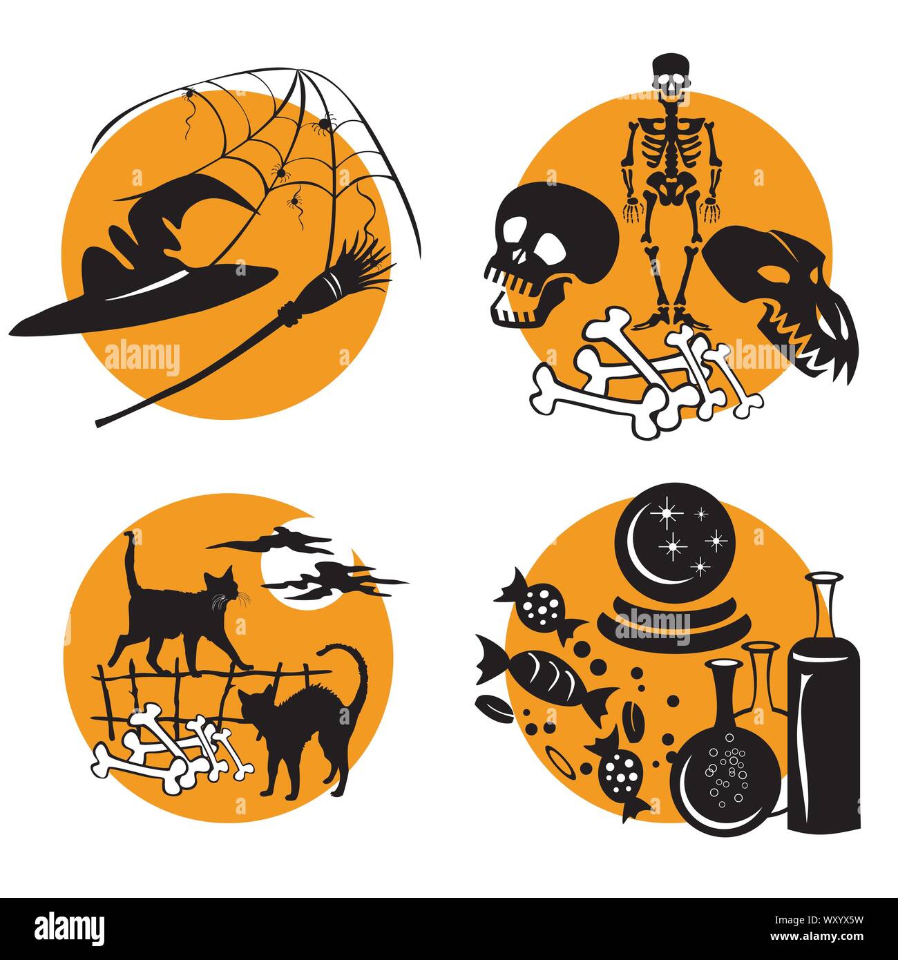 Vector Set for Halloween, illustration with characters of Halloween (skeleton and skulls, witch hat, web and broomstick, black cats in full moon time, Stock Vector