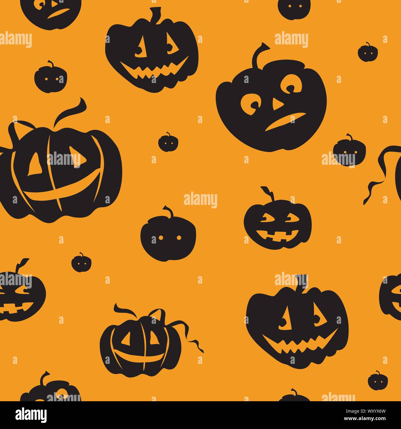 Halloween vector colorful seamless pattern with different black pumpkins with scary smile isolated on orange background, stock illustration Stock Vector
