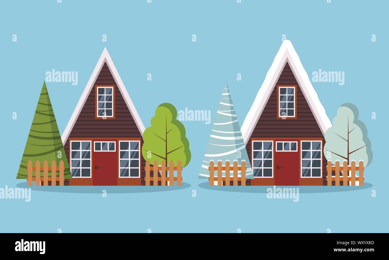 Set of isolated rural farm wood a-frame houses with fences, winter and summer trees and spruces Stock Vector