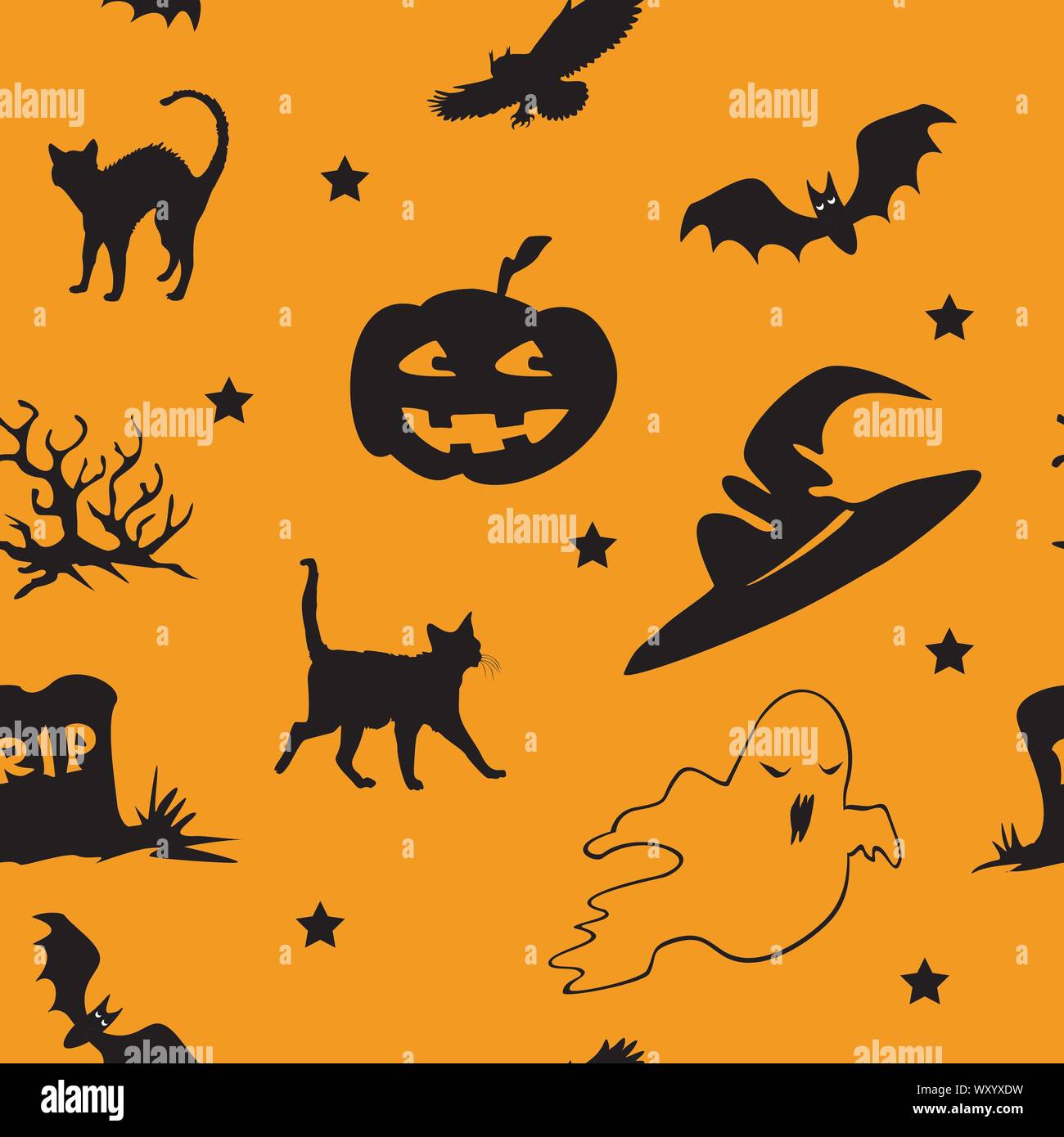 Vector seamless pattern with different Halloween icons (bat, owl, ghost, Grave, black cat, witch hat, Cemetery,stars ) on orange background, stock ill Stock Vector