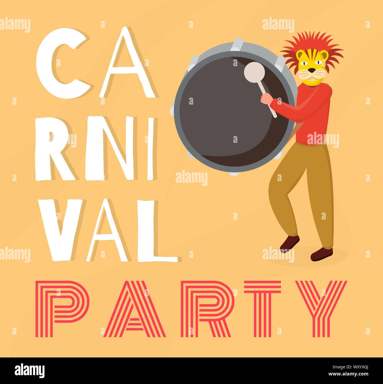 Dominican holiday party banner vector template. Latino drummer, musician in animal mask playing drum cartoon character. Traditional latin american festival, Punta Cana cultural event poster layout Stock Vector