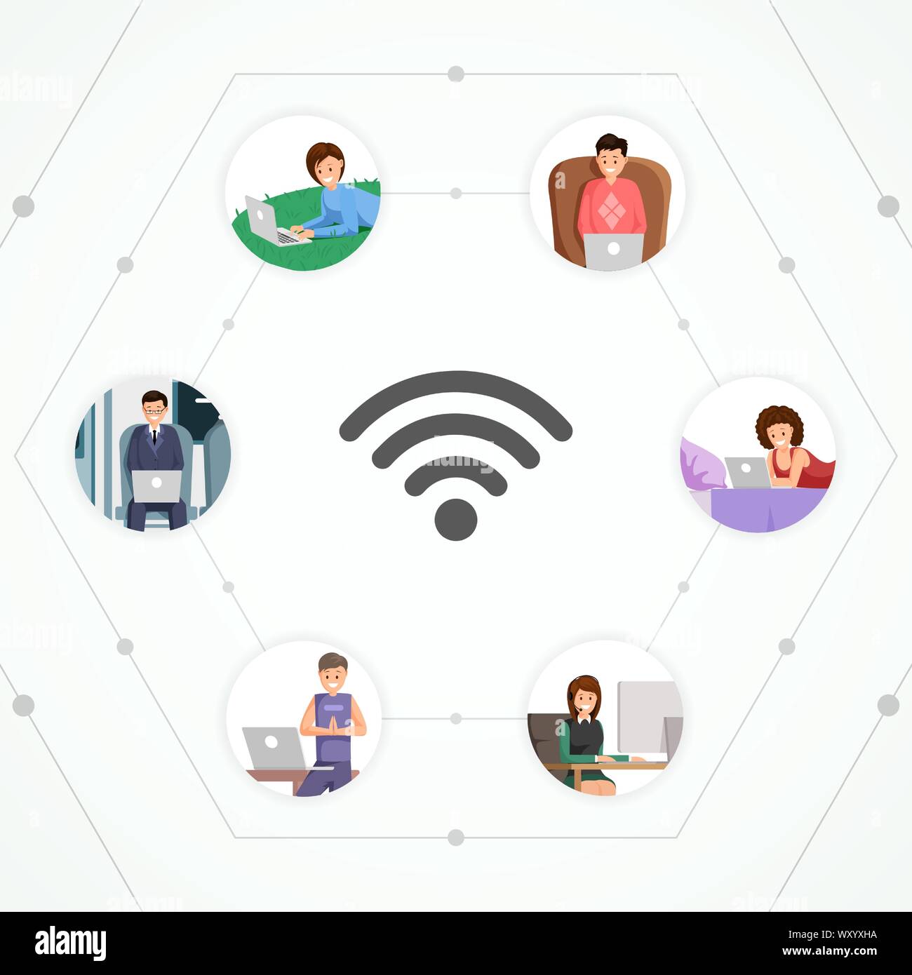 Global network flat vector illustration. Wireless internet access, connection for freelancers and remote workers users. Freelance, distance job and online communication cartoon concept Stock Vector