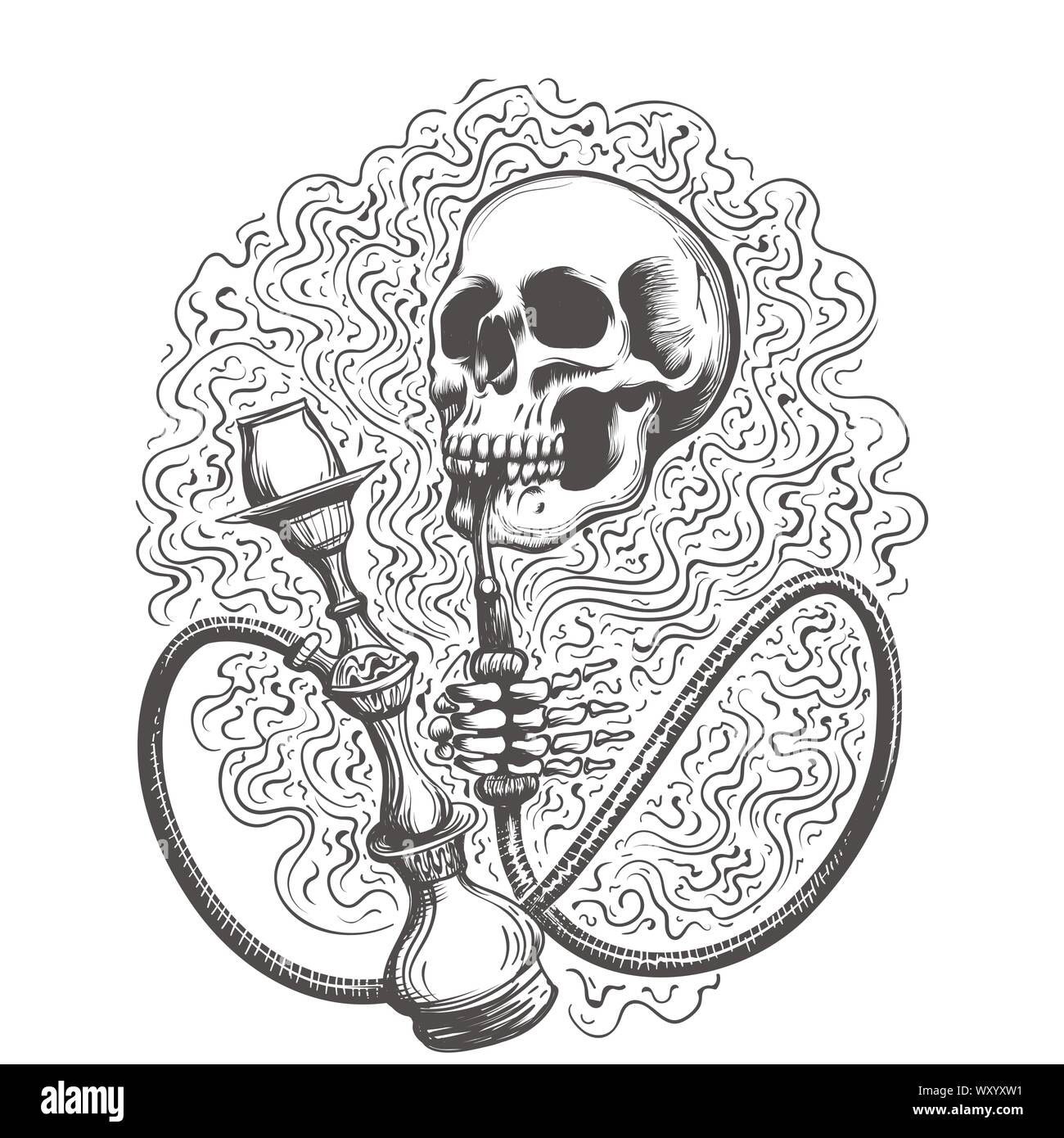 Skull with hookah in a smoke clouds drawn in tattoo style. Vector illustration. Stock Vector