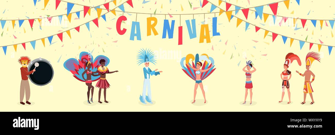 South american carnival flat vector illustration. Happy men and women in beautiful national outfits cartoon characters. Traditional latin holiday celebration, latino culture festival banner concept Stock Vector