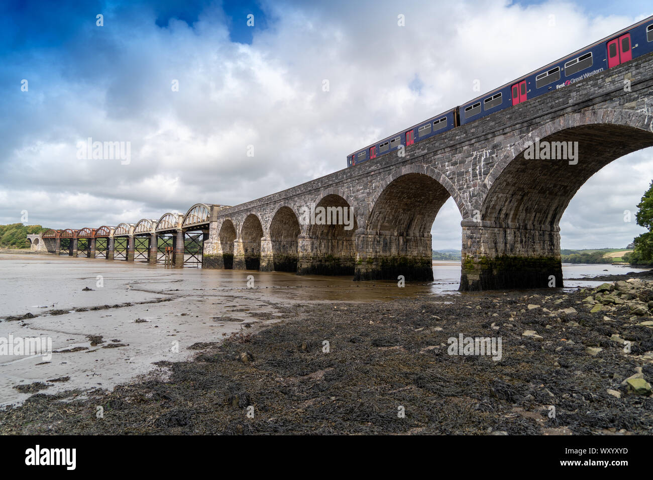 Rail Bridge over the River Tavy Devon Dartmoor Plymouth for the Tamar Valley Passenger Railway with Train on the Bridge Stock Photo