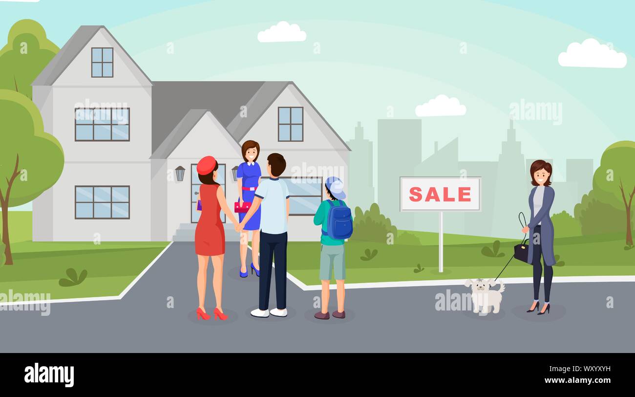 Couple buying home flat vector illustration. Real estate agent showing cottage, townhouse to buyers with child cartoon characters. Cheerful female neighbor with pet dog walking along street Stock Vector