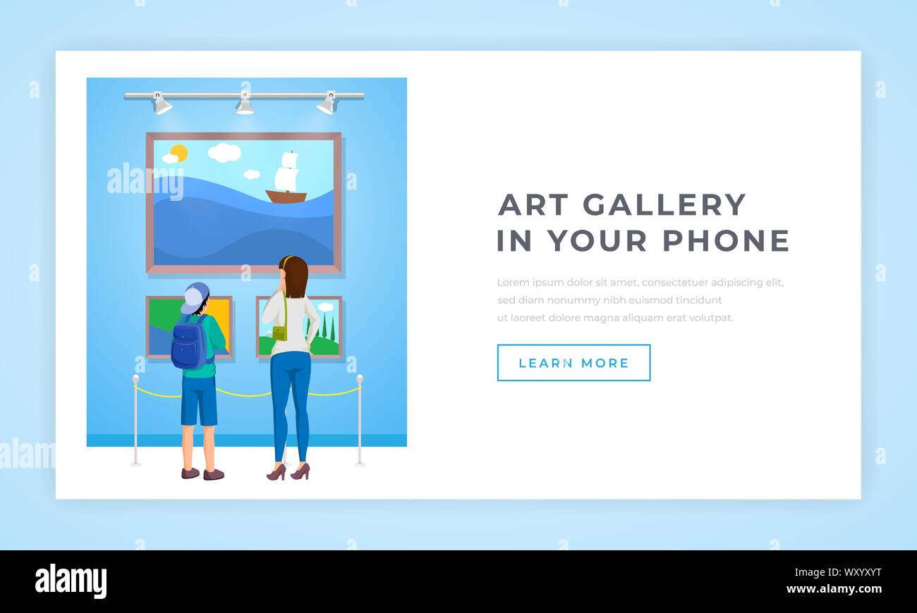 Artwork collection application landing page template. Young mother and teenager son looking at beautiful seascapes, landscapes in museum. Classic art digital showroom website page design layout Stock Vector