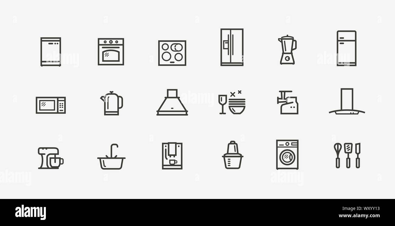 Kitchen appliances icon set. Household electronics in linear style. Vector illustration Stock Vector